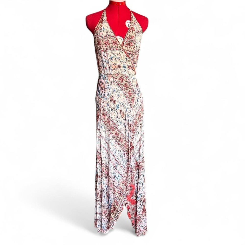 Bohemian patterned red halter wrap maxi dress adjustable size small to medium